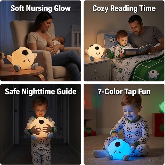 Soccer Night Light for Kids, Rechargeable Silicone Light Up Soccer Ball Lamp, 7-Color Tap Control Dimmable Bedside Nightlight, Cool Soccer Room Decor Stuff, Birthday Gifts for Boys 8-12 & Teens