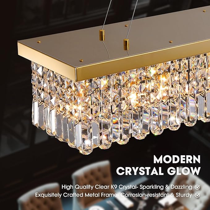 Gold Modern Crystal Chandeliers for Dining Room Kitchen Island Light Fixture, 8-Light Rectangle Chandelier for Living Room, L39.4 Inch