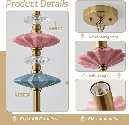 Pink Chandeliers for Dining Room Light Fixture Over Table,Brass Gold Art Deco Chandelier, Modern Vintage Chandelier with Ceramic,Farmhouse Chandelier for Girls Bedroom, Living Room, Foyer