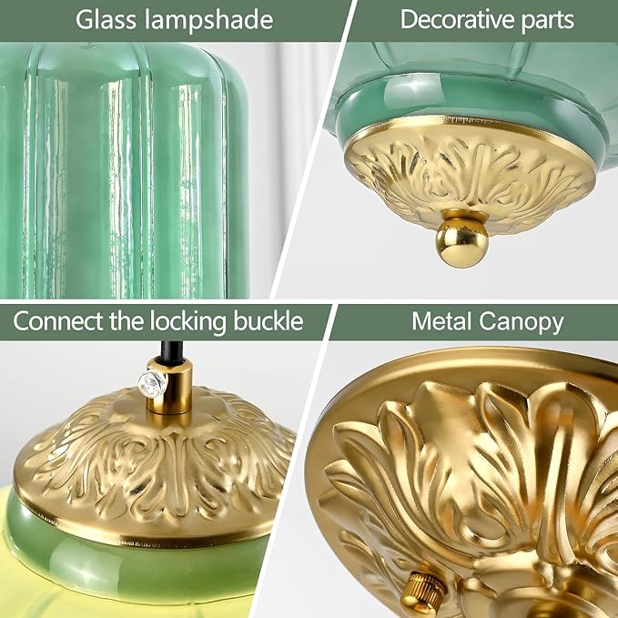 Milk Glass Pendant Light, 5.5 Inch Green Adjustable Cord Hanging Lamp, Dimmable E26 Base Vintage Pendant Light Fixture for Bedroom Bathroom Entryway