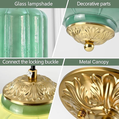 Milk Glass Pendant Light, 5.5 Inch Green Adjustable Cord Hanging Lamp, Dimmable E26 Base Vintage Pendant Light Fixture for Bedroom Bathroom Entryway