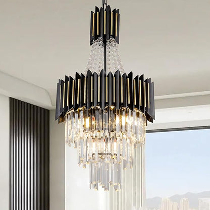 Modern Crystal Chandelier Light 7-Lights 15.8" K9 Crystal Pendant Lights 3-Tier Black Gold Luxury Hanging Light Fixture for Dining Room Living Room Kitchen Bedroom Stairway Home Office