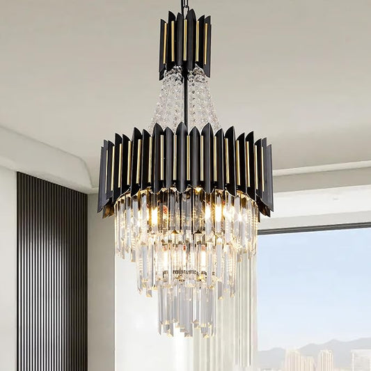 Modern Crystal Chandelier Light 7-Lights 15.8" K9 Crystal Pendant Lights 3-Tier Black Gold Luxury Hanging Light Fixture for Dining Room Living Room Kitchen Bedroom Stairway Home Office