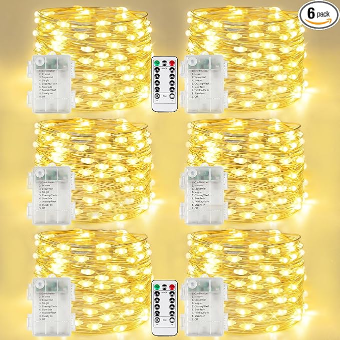 6 Pack Fairy Lights Battery Operated with Remote, 120LED 40FT Twinkle Lights Waterproof Outdoor Indoor Decor, 8 Modes Battery String Light Timer for Christmas Party Birthday Home DIY Décor(Warm White)