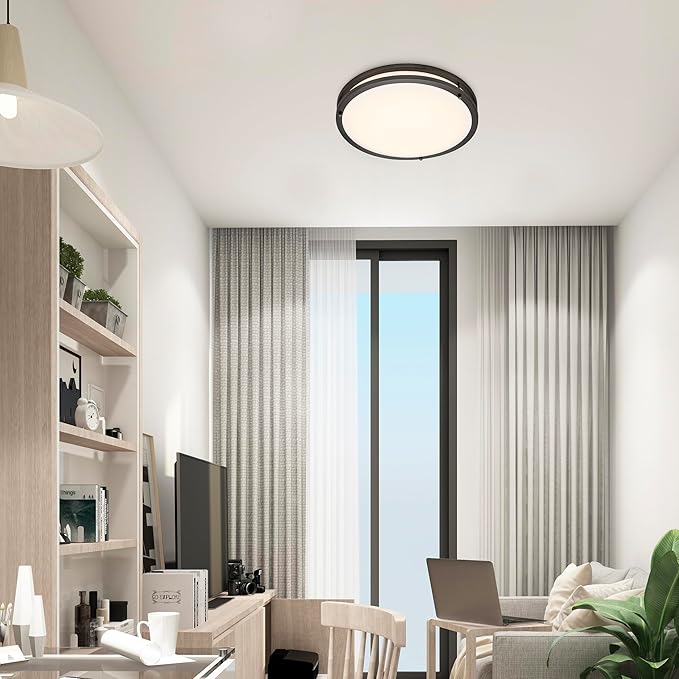 Maxxima 16 in. LED Flush Mount Ceiling Light, 3600 Lumens, 5 CCT 2700K/3000K/3500K/4000K/5000K, Round Color Selectable Black Trim Dual Ring Fixture, Dimmable