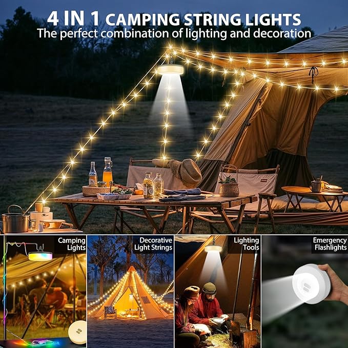 Camping String Lights, 4 in 1 Quick Storage Camping Essentials Gear 32.8FT Rechargeable Tent Lights with 6 Modes Hanging Waterproof LED Camp Lamp for Camping Hiking Patio Garden Festival-Warm White