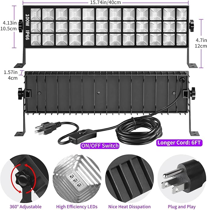 THECHAM 2 Pack 100W LED Black Lights Bar, Black Light for Glow Party, 385-400nm Blacklight Flood Light for Blacklight Party, Bedroom, Halloween, Fluorescent Poster, Body Paint