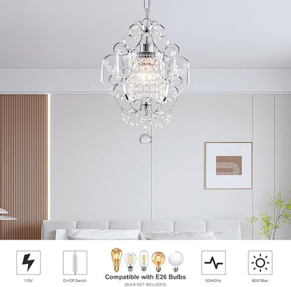 Plug in Crystal Chandelier,14.7 Ft Hanging Lights with Clear Cord & On/Off Switch,Plug in Ceiling Light Small Chandeliers for Bedroom Dining Room Entryway Living Room