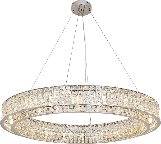 Modern Crystal Chandelier Round 20-Light Contemporary Hanging Ceiling Light Fixture Chrome Finish with Clear Rectangular Crystals Dining Room Living Room Bedroom Entryway Lighting Easy Install 39''