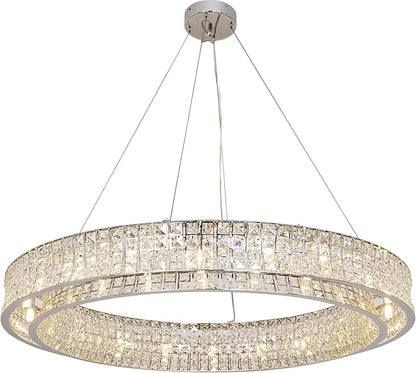 Modern Crystal Chandelier Round 20-Light Contemporary Hanging Ceiling Light Fixture Chrome Finish with Clear Rectangular Crystals Dining Room Living Room Bedroom Entryway Lighting Easy Install 39''