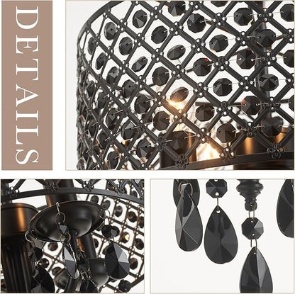VILUXY Crystal Chandelier for Dining Room Black Smoke Ceiling Pendant Lighting Modern Crystal Hanging Light Fixture Small Drum Chandelier with Chain Mid-Century for Foyer
