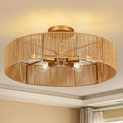24" Natural Rattan Flush Mount Ceiling Light Fixture, 5-Light Gold Hand-Woven Wicker Boho Chandelier for Bedroom, Living Room, Dining Room, Kitchen, Rustic Lamp for Hallway and Entryway