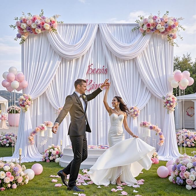 30 ft x 10 ft Wrinkle Free White Backdrop Curtain for Wedding Parties, Polyester Photo Backdrop Drapes for Baby Shower Birthday Party Backdrop Stand, Bulk Thick Background Curtains, 5x10FT 6 Panels