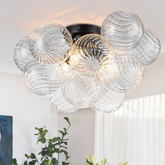 Semi Flush Mount Ceiling Light,Black Chandeliers for Living Room Modern Clear Swirled Glass Chandelier Dining Room Light Fixtures over Table 18.5" with 13 Globe for Foyer Bedroom Kitchen Island