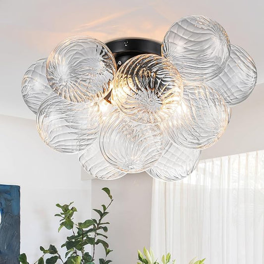 Semi Flush Mount Ceiling Light,Black Chandeliers for Living Room Modern Clear Swirled Glass Chandelier Dining Room Light Fixtures over Table 18.5" with 13 Globe for Foyer Bedroom Kitchen Island