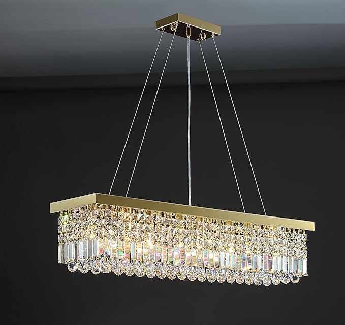 7PM Modern Gold Crystal Chandelier Rectangle Chandeliers for Dining Room Rectangular Pendant Lighting Fixture for Kitchen Island Bedroom L31.5'' x W10'' x H10''
