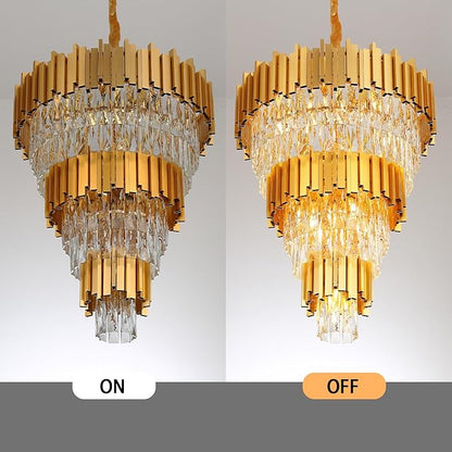 Modern Tier Crystal Chandelier for High Ceiling Luxury 8-Tier Round Chandeliers 11-Light Large Gold Crystal Chandelier for Entryway Adjustable Height D24in