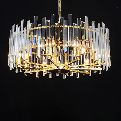 Gold Crystal Chandeliers for Dining Room, 27.6" Modern Round Chandelier Large Adjustable Height Ceiling Hanging Pendant Light Fixture for Dining Living Room Bedroom