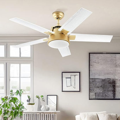 YITAHOME Ceiling Fan with Light and Wall Switch Remote, 52 Inch Modern Gold White Fan, Quiet Reversible Motor, Dimmable LED Color, Memory Function for Bedroom Living Room Patio Indoor