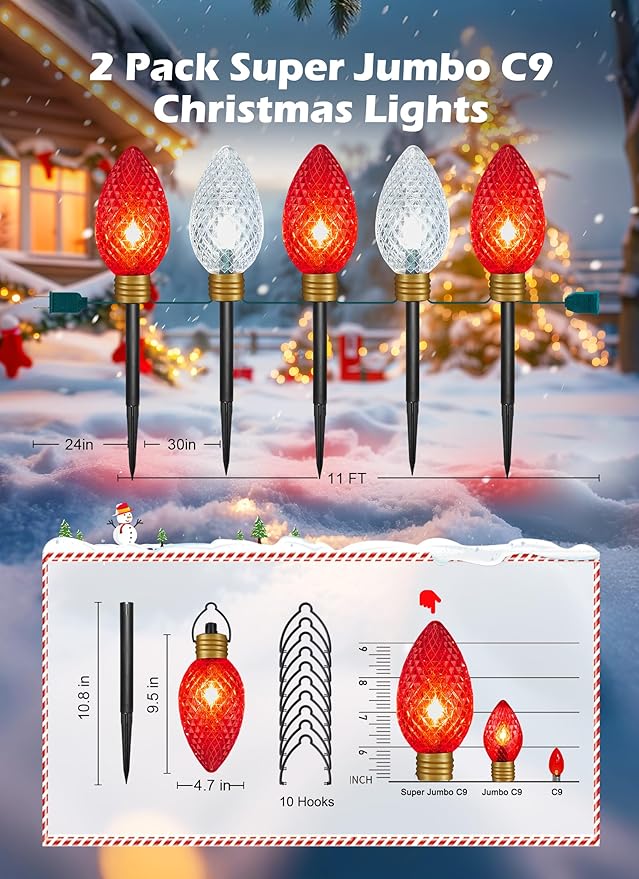 Brightown Super Jumbo C9 Christmas Pathway Lights Outdoor - 2 Pack Total 22FT 10 LED Strawberry Jumbo C9 Pathway Light, Giant Christmas Lights Outdoor Decorations for Lawn Outside, Red & Pure White