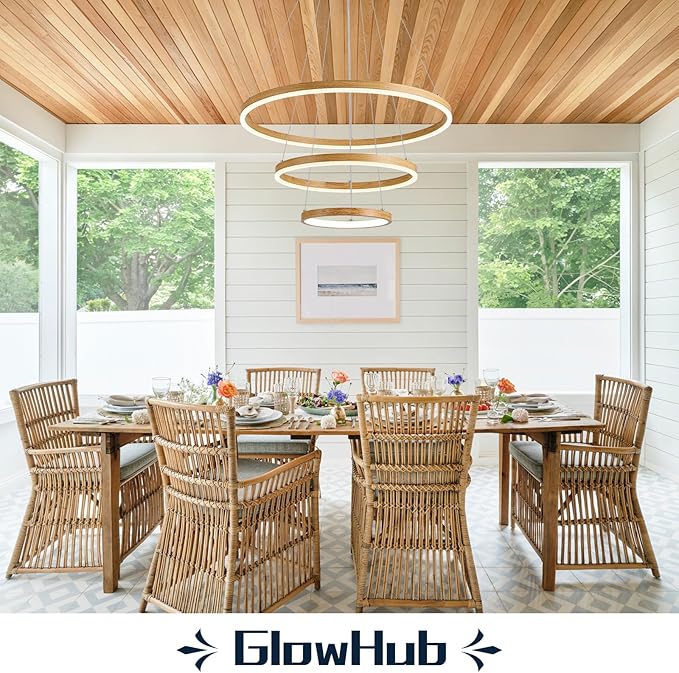 3-Ring LED Chandelier 24" Circular Pendant Light with Wood Grain Finish Dimmable Round Hanging Light Modern Farmhouse Chandeliers for Dining Room Foyer Office Adjustable 3000-6500K with Remote