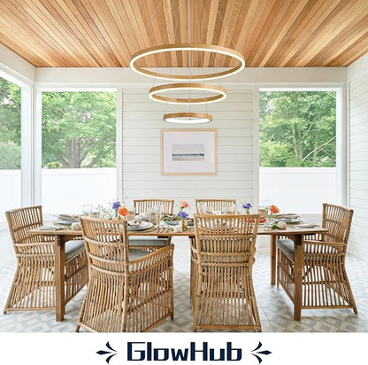 3-Ring LED Chandelier 24" Circular Pendant Light with Wood Grain Finish Dimmable Round Hanging Light Modern Farmhouse Chandeliers for Dining Room Foyer Office Adjustable 3000-6500K with Remote