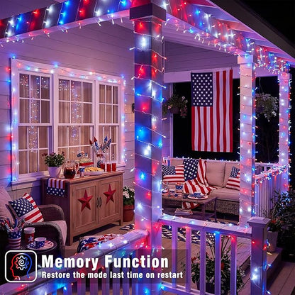 Red White and Blue String Lights, 66FT 200 LED 4th of July Lights Outdoor Waterproof with 8 Modes, Twinkle Fairy Light for Indoor Independence Memorial Day House Holiday Decorations