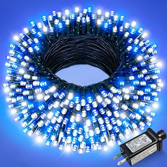 Blue and White Christmas Lights Outdoor, 100FT 300 LED String Lights for Outside Waterproof with 8 Modes, Connectable Plug in Fairy Lights for Indoor Patio Garden Xmas Tree Party Decorations