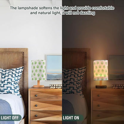 Table Lamp Green Marijuana Leaf Cannabis Weed Leaves on White Nightstand Lamp with Wood Base Fabric Lamp Shade Bedside Desk Lamp for Living Room Bedroom Kids Room Office