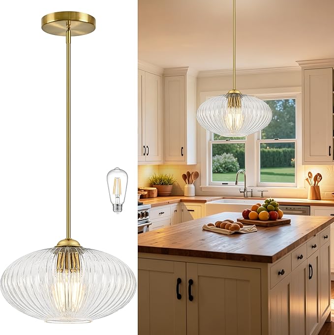 12" Clear Glass Modern Pendant Light Kitchen Island Brushed Gold Mid Century Modern Pendant Lighting with Clear Glass Hanging Pendant Light for Dining Room（Bulb Incl.）