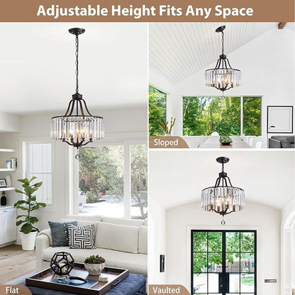 Black Crystal Chandeliers for Dining Room, 4-Light Modern Round Chandeliers 15.7" for Living Room Kitchen Hallway Bedroom Foyer Hall, Adjustable Height Hanging Light Fixture