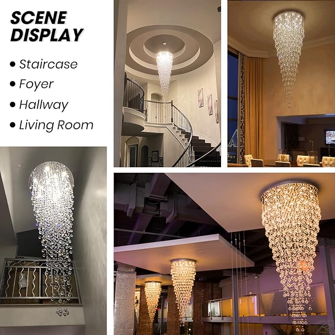 Modern Large Crystal Chandelier for High Ceilings, Raindrop Round Large Foyer Chandelier, Luxury Flush Mount Ceiling Light Fixture for Stairse Entryway Living Room Dia 32" x H 96"-12 Lights