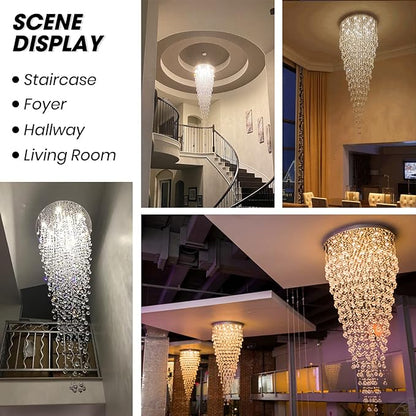 Modern Large Crystal Chandelier for High Ceilings, Raindrop Round Large Foyer Chandelier, Luxury Flush Mount Ceiling Light Fixture for Stairse Entryway Living Room Dia 32" x H 96"-12 Lights
