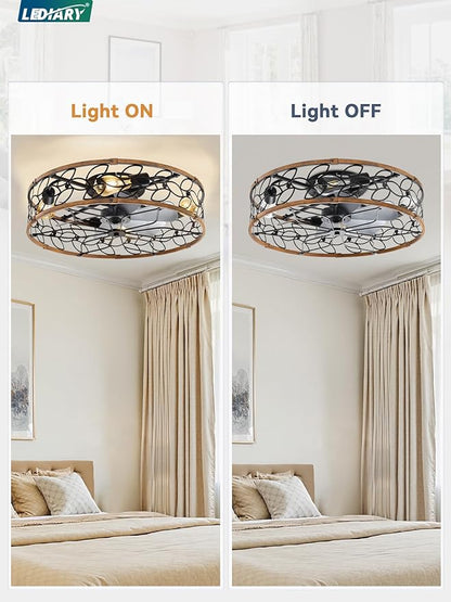 LEDIARY 23 Inch Caged Ceiling Fans with Lights, Farmhouse Flush Mount Ceiling Fan with Remote, Large Low Profile Ceiling Fan Light Fixture for Bedroom, Kitchen, Dining Room