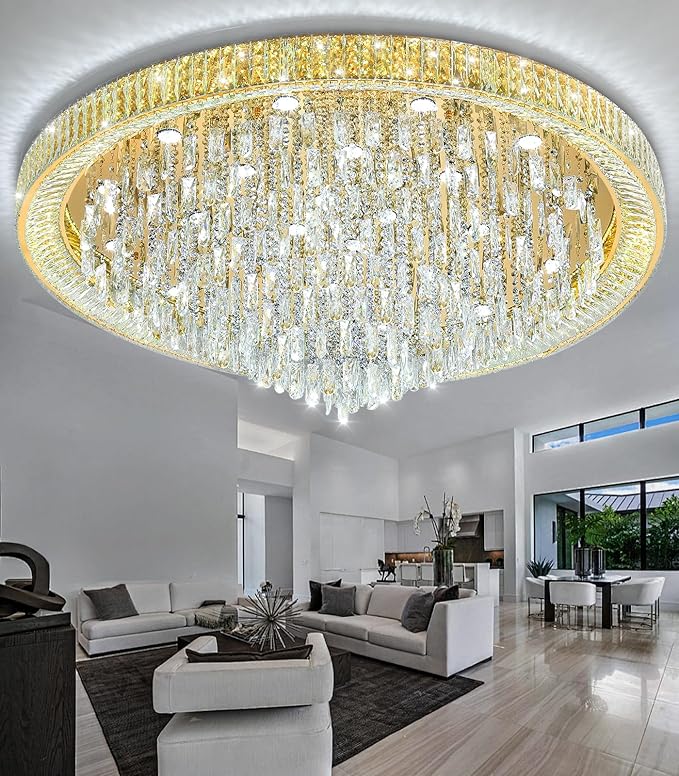 53.7" Modern Crystal Big Large Chandeliers LED Dimmable Flush Mount Ceiling Chandeliers for Living Room High Ceiling Entrance Foyer Lobby Bedroom Gold