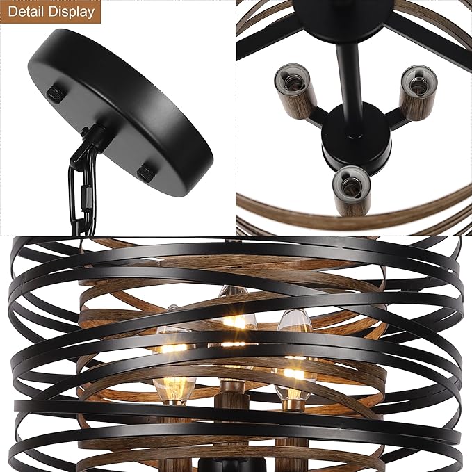 Sigaitwei 3-Light Dining Room Chandelier，12.6" Rustic Black Drum Chandeliers，Wood Grain and Vintage Light Fixture for Kitchen Entryway Living Room
