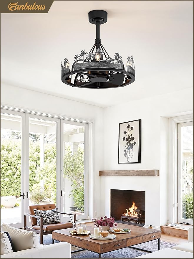 Fanbulous 20 Inch Farmhouse Rustic Ceiling Fan with Light and Remote, Black Chandelier Fan with Bear and Deer Design,Summer Sand Beach Design,Rustic Chandeliers for Living Room, Bedroom