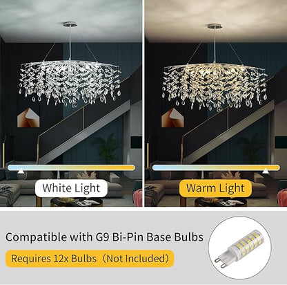 Modern Silver Crystal Tree Branch Chandelier, Rectangle Linear Art Deco Raindrop Lighting Fixture for Dining Room Living Room 12 Lights L40''