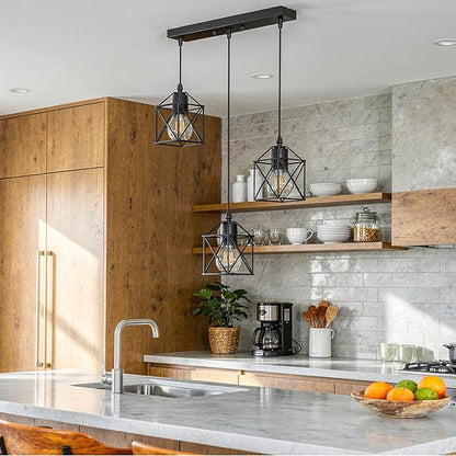 3 Light Pendant Lighting, Farmhouse Hanging Light Fixture for Kitchen Island & Dining Room, Industrial Vintage Ceiling Lamp with E26 Base, Adjustable Height, Matte Black