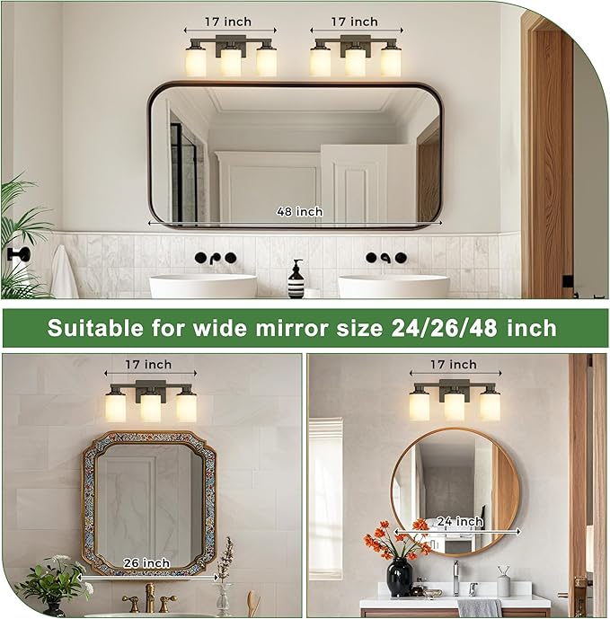 DORESshop 17 Inch Bathroom Light Fixtures, 3-Light Black Bathroom Vanity Light Over Mirror with Milk Glass Shade, Vanity Lights for Living Room Bedroom