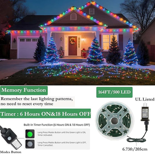 Tcamp 164FT 500 LED Christmas Lights Outdoor, 8 Modes Christmas Tree Lights with Timer Memory Function, Green Wire Fairy String Light for Xmas Holiday Party Bedroom Indoor Decor (Colored)