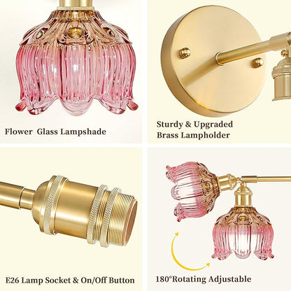 Battery Operated Wall Sconce with Remote Control,Vintage Wall Sconce with Flower lampshade and Timer,Rechargeable Battery Wall lamp Wall Lights with 15 Colors for Bedroom Living Room Doorway,Pink