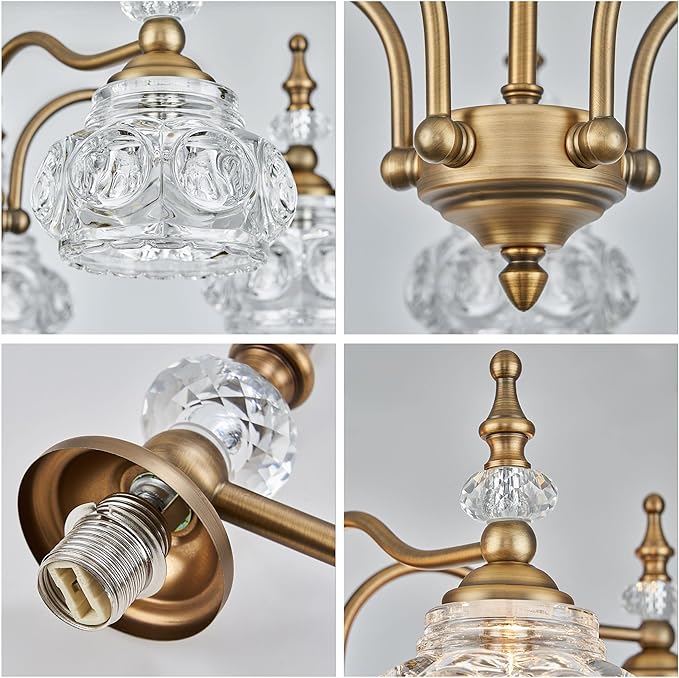 Vintage 5 Lights Gold Glass Pendant Lighting Rustic Style Chandelier Matte Brushed Antique Brass Finish with Crystal Glass Shade for Kitchen Island