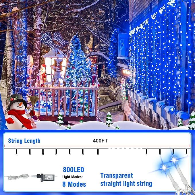 400FT Extra Long Blue String Lights, LED Waterproof Seasonal Fairy Lights with Remote & Timer, Dimmable Outdoor Indoor Decorative Lights for Roof, Garden, Wedding, Party, Holiday