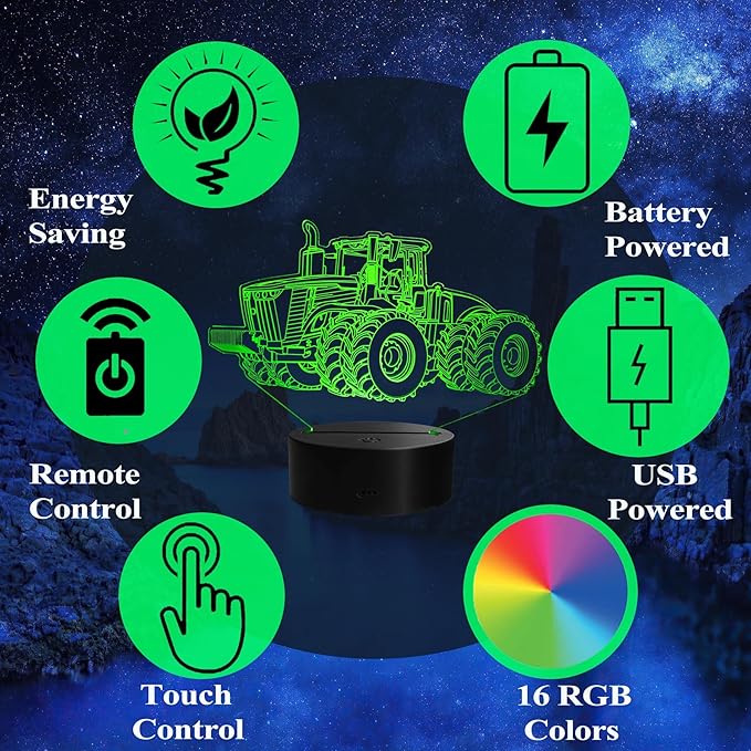 Tractor 3D Night Light, Tractor Gifts, LED Illusion Lamp with Remote Control, 16 Colors, Timer, RGB Flashing Mode and Dimmable, Tractor Toys Cool Stuff for Holiday Birthday Christmas