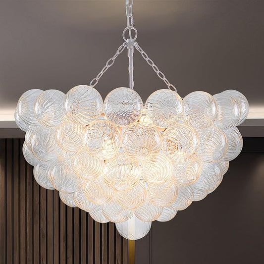 Hand Blown Glass Bubble Ball Chandelier White Finish 32" Pendant Light Fixture Art Deco Cluster Ribbed Glass Swirled Globe Lighting for Bedroom Dining Room Restaurant Bathroom Entry