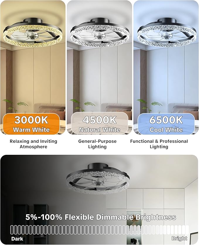 Ceiling Fans with Lights and Remote Low Profile Flush Mount LED Ceiling Fan with Lights 3000K-6500K Dimmable Foldable Fandelier Light 6 Wind Speeds Night Light for Bedroom Living Room Black