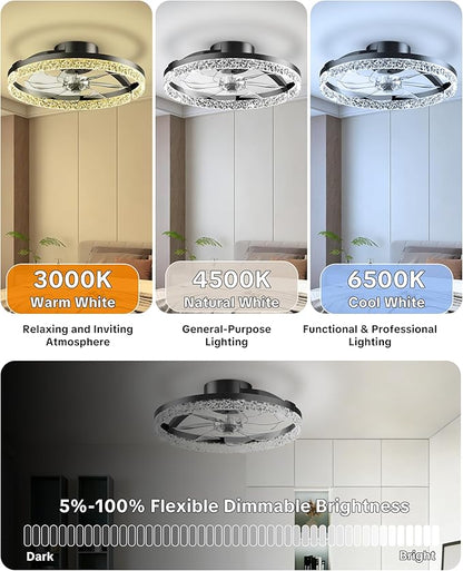 Ceiling Fans with Lights and Remote Low Profile Flush Mount LED Ceiling Fan with Lights 3000K-6500K Dimmable Foldable Fandelier Light 6 Wind Speeds Night Light for Bedroom Living Room Black