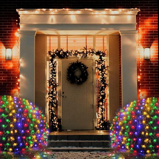 Pooqla Christmas Net Lights, 300LED Outdoor Mesh Light 14.8x4.9 ft Fairy String Mesh Light 8 Modes Green Wire, Connectable Waterproof for Bushes Tree Garden Christmas Decor, Colorful