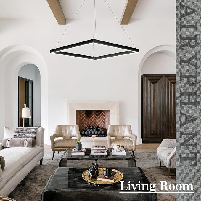 Modern 24" Square LED Chandelier, Black Linear LED Chandelier for Dining Room Dimmable Flush Mount Pendant Light for Living Room Kitchen Office, 3000-6500K